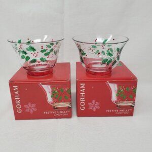 Set of 2 Gorham Crystal Handpainted Christmas Candy Dish Festive Holly New w Box